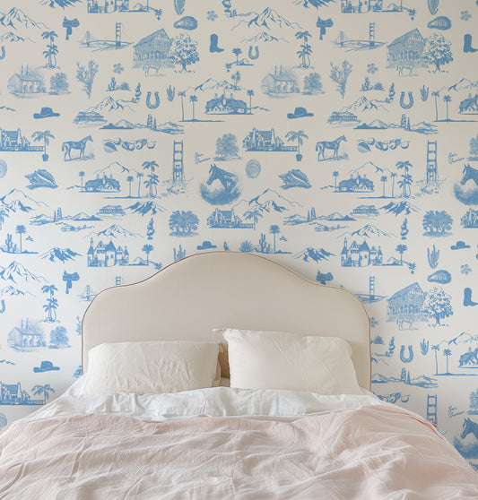 Coastal Cowboy Blue Toile Wallpaper